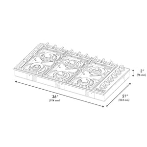 ZLINE 36 in. Gas Cooktop with 6 Brass Burners (RC-BR-36) dimensional diagram with measurements.