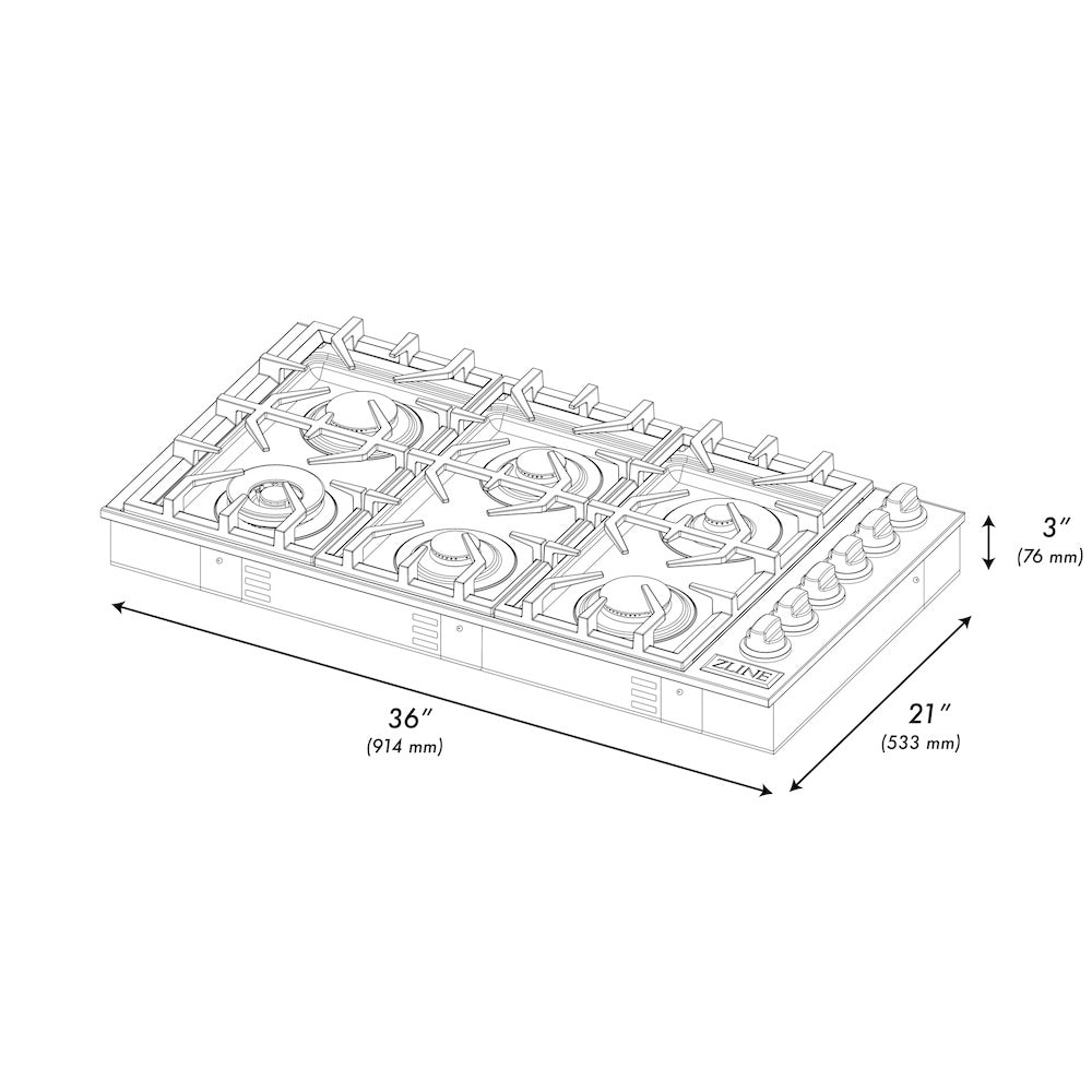 ZLINE 36 in. Gas Cooktop with 6 Brass Burners and Black Porcelain Top (RC-BR-36-PBT) dimensional diagram.
