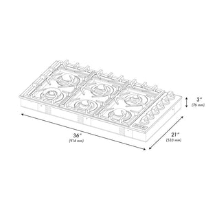ZLINE 36 in. Gas Cooktop with 6 Brass Burners and Black Porcelain Top (RC-BR-36-PBT) dimensional diagram.