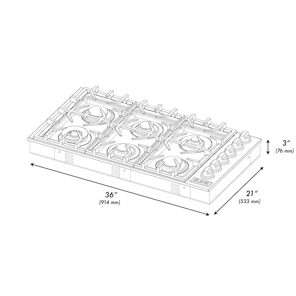 ZLINE 36 in. Gas Cooktop with 6 Brass Burners and Black Porcelain Top (RC-BR-36-PBT) dimensional diagram.