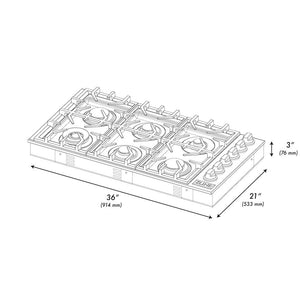 ZLINE 36 in. Gas Cooktop with 6 Burners and Black Porcelain Top (RC36-PBT) dimensional diagram with measurements.