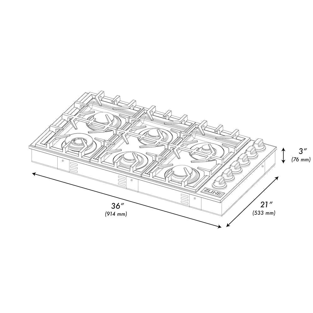 ZLINE 36 in. Gas Cooktop with 6 Burners and Black Porcelain Top (RC36-PBT) dimensional diagram with measurements.