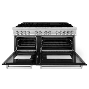 ZLINE 60 in. 7.4 cu. ft. Legacy Dual Fuel Range with 9 Burner Gas Cooktop and 2 Electric Convection Ovens in Stainless Steel and Black Matte Doors (RA-BLM-60) front, open.