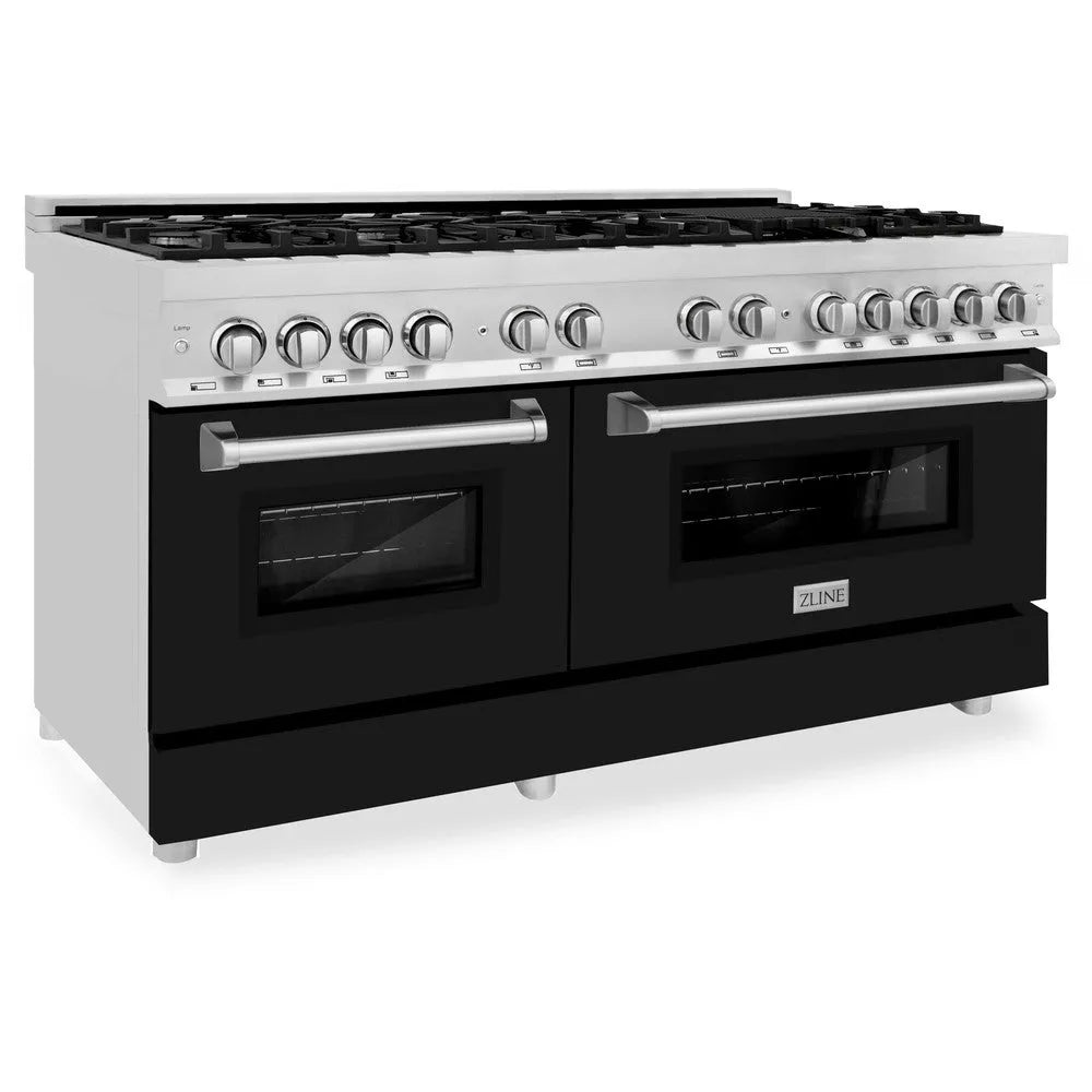 ZLINE 60 in. 7.4 cu. ft. Legacy Dual Fuel Range with 9 Burner Gas Cooktop and 2 Electric Convection Ovens in Stainless Steel and Black Matte Doors (RA-BLM-60) main image.