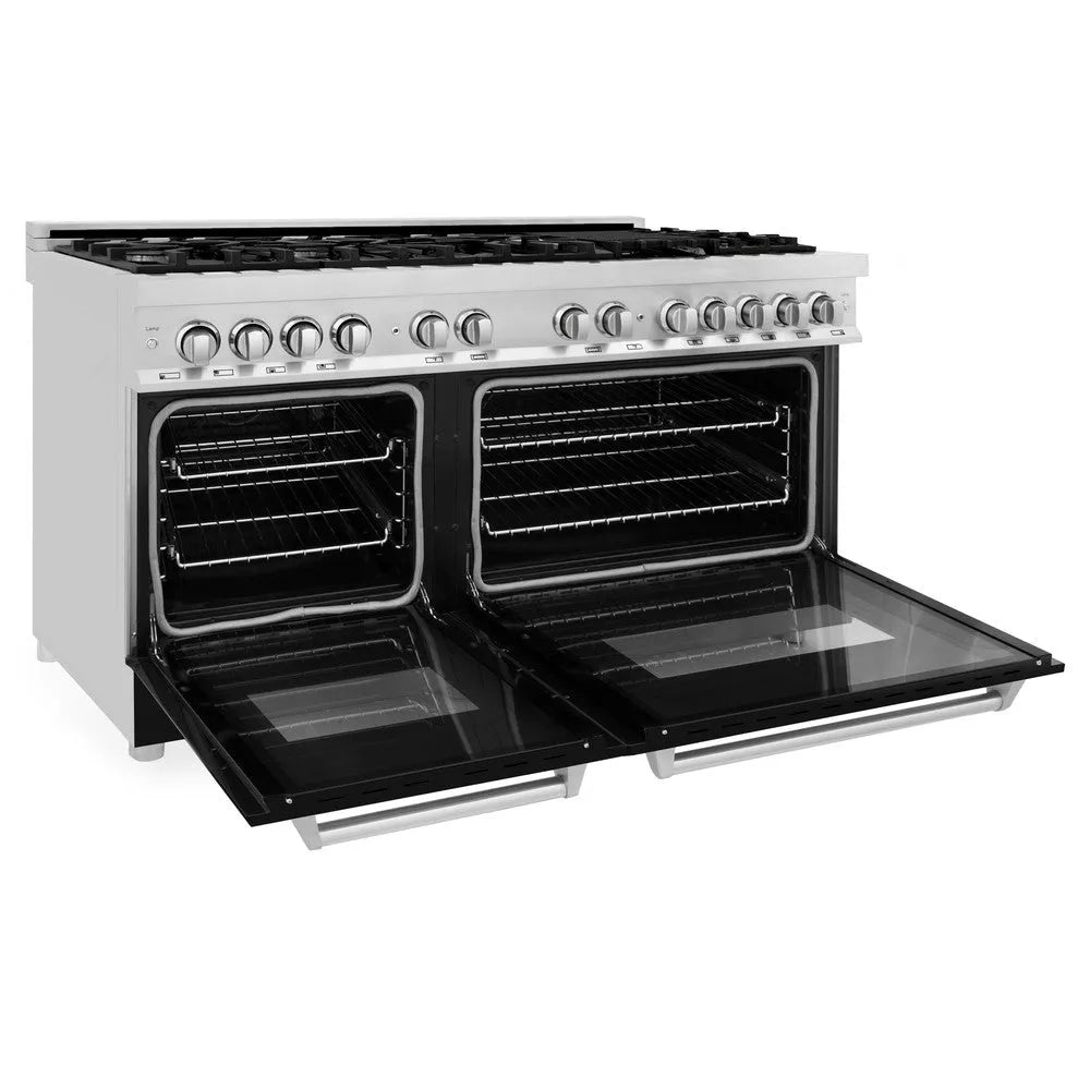 ZLINE 60 in. 7.4 cu. ft. Legacy Dual Fuel Range with 9 Burner Gas Cooktop and 2 Electric Convection Ovens in Stainless Steel and Black Matte Doors (RA-BLM-60) side, oven open.