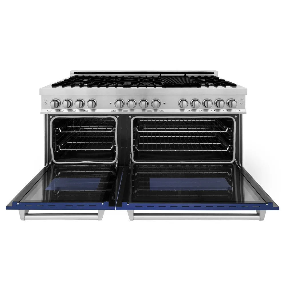 ZLINE 60 in. 7.4 cu. ft. Legacy Dual Fuel Range with 9 Burner Gas Cooktop and 2 Electric Convection Ovens in Stainless Steel and Blue Matte Doors (RA-BM-60) front, open.