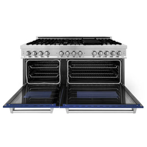ZLINE 60 in. 7.4 cu. ft. Legacy Dual Fuel Range with 9 Burner Gas Cooktop and 2 Electric Convection Ovens in Stainless Steel and Blue Matte Doors (RA-BM-60) front, open.