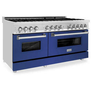 ZLINE 60 in. 7.4 cu. ft. Legacy Dual Fuel Range with 9 Burner Gas Cooktop and 2 Electric Convection Ovens in Stainless Steel and Blue Matte Doors (RA-BM-60) main image.