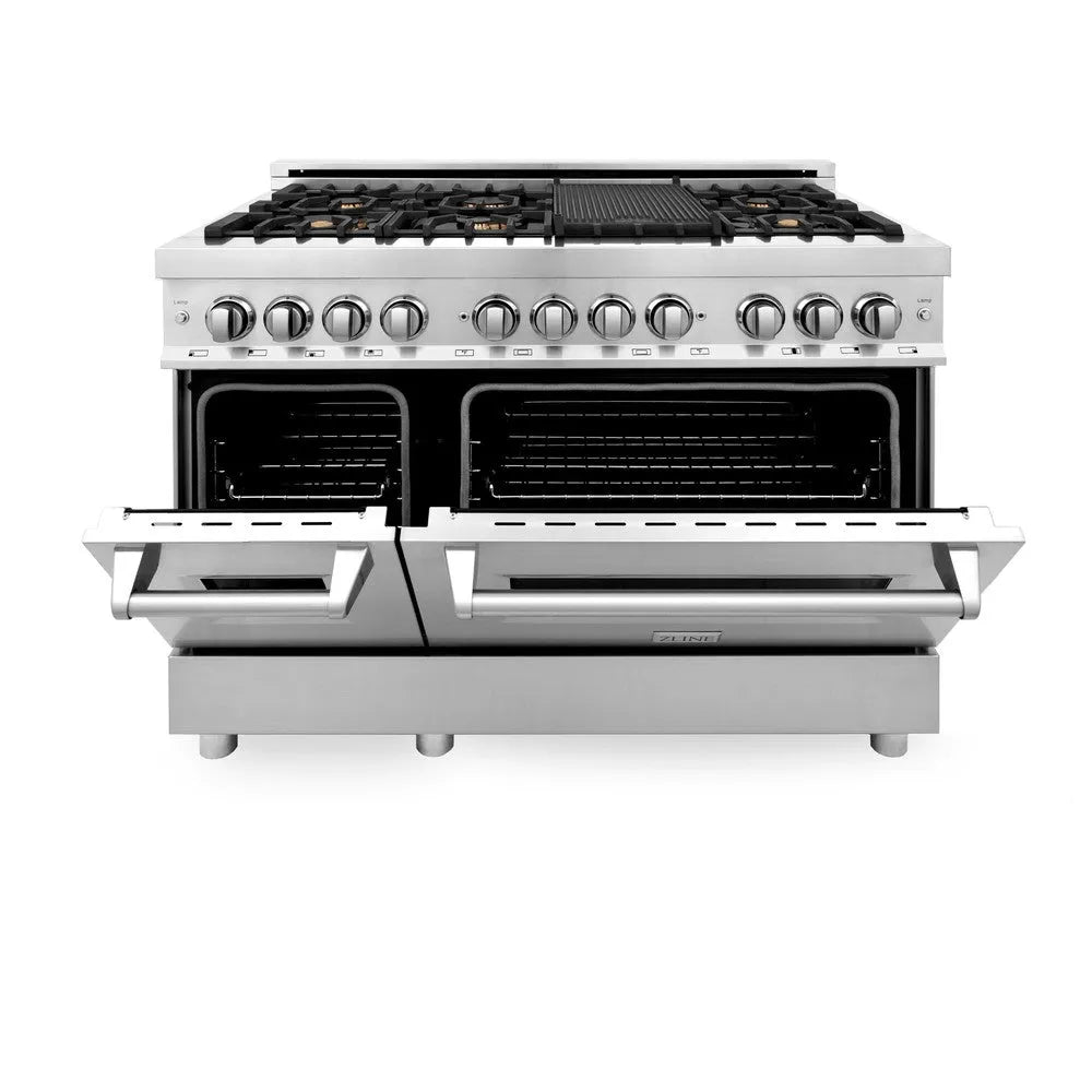 ZLINE 48 in. 6.0 cu. ft. Legacy Dual Fuel Range with Gas Cooktop and 2 Electric Ovens in Stainless Steel with Brass Burners (RA-BR-48) front, oven half open.