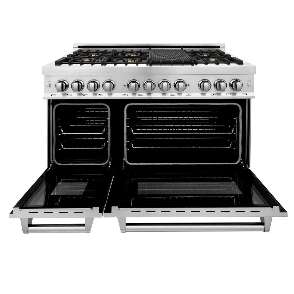 ZLINE 48 in. 6.0 cu. ft. Legacy Dual Fuel Range with Gas Cooktop and 2 Electric Ovens in Stainless Steel with Brass Burners (RA-BR-48) front, open.