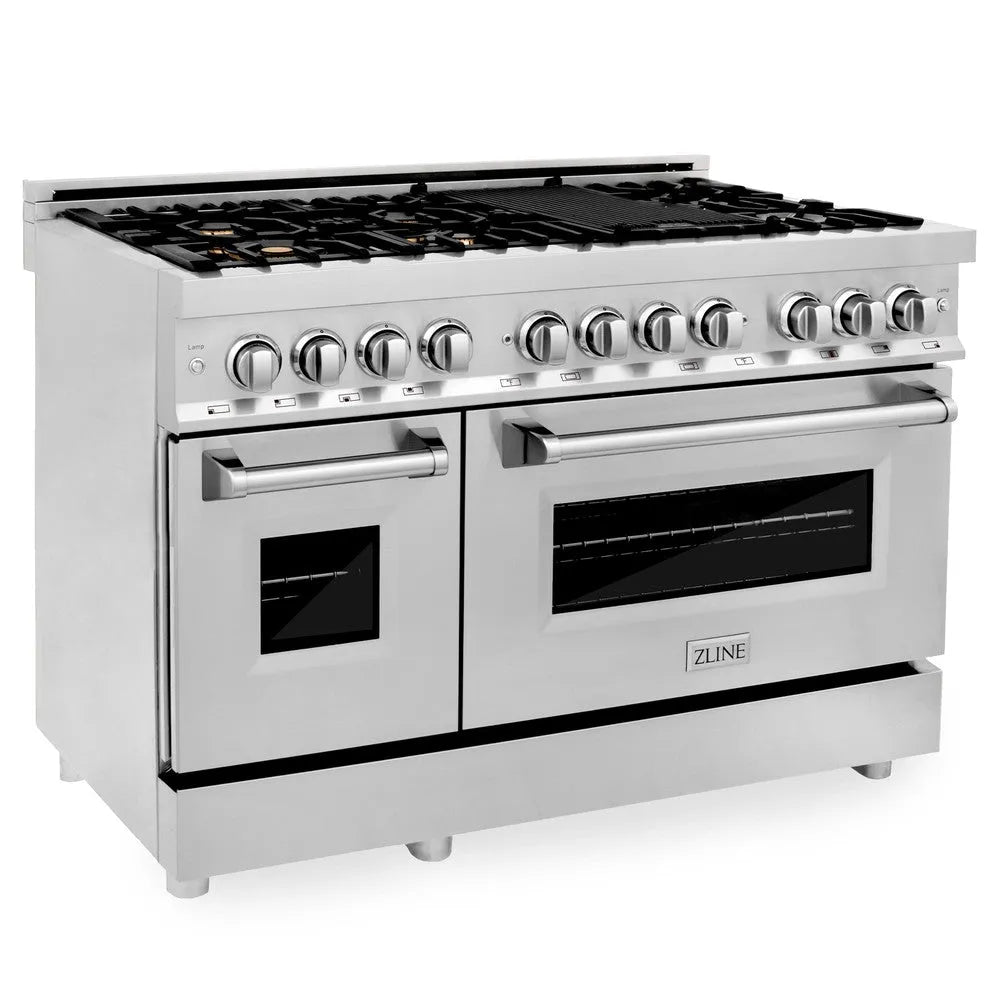 ZLINE 48 in. 6.0 cu. ft. Legacy Dual Fuel Range with Gas Cooktop and 2 Electric Ovens in Stainless Steel with Brass Burners (RA-BR-48) main image.