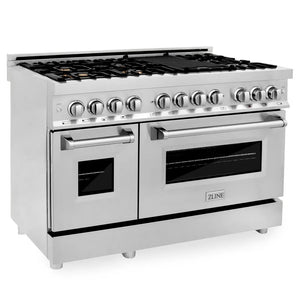 ZLINE 48 in. 6.0 cu. ft. Legacy Dual Fuel Range with Gas Cooktop and 2 Electric Ovens in Stainless Steel with Brass Burners (RA-BR-48) main image.