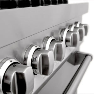 ZLINE 48 in. 6.0 cu. ft. Legacy Dual Fuel Range with Gas Cooktop and 2 Electric Ovens in Stainless Steel with Brass Burners (RA-BR-48) knobs detail.