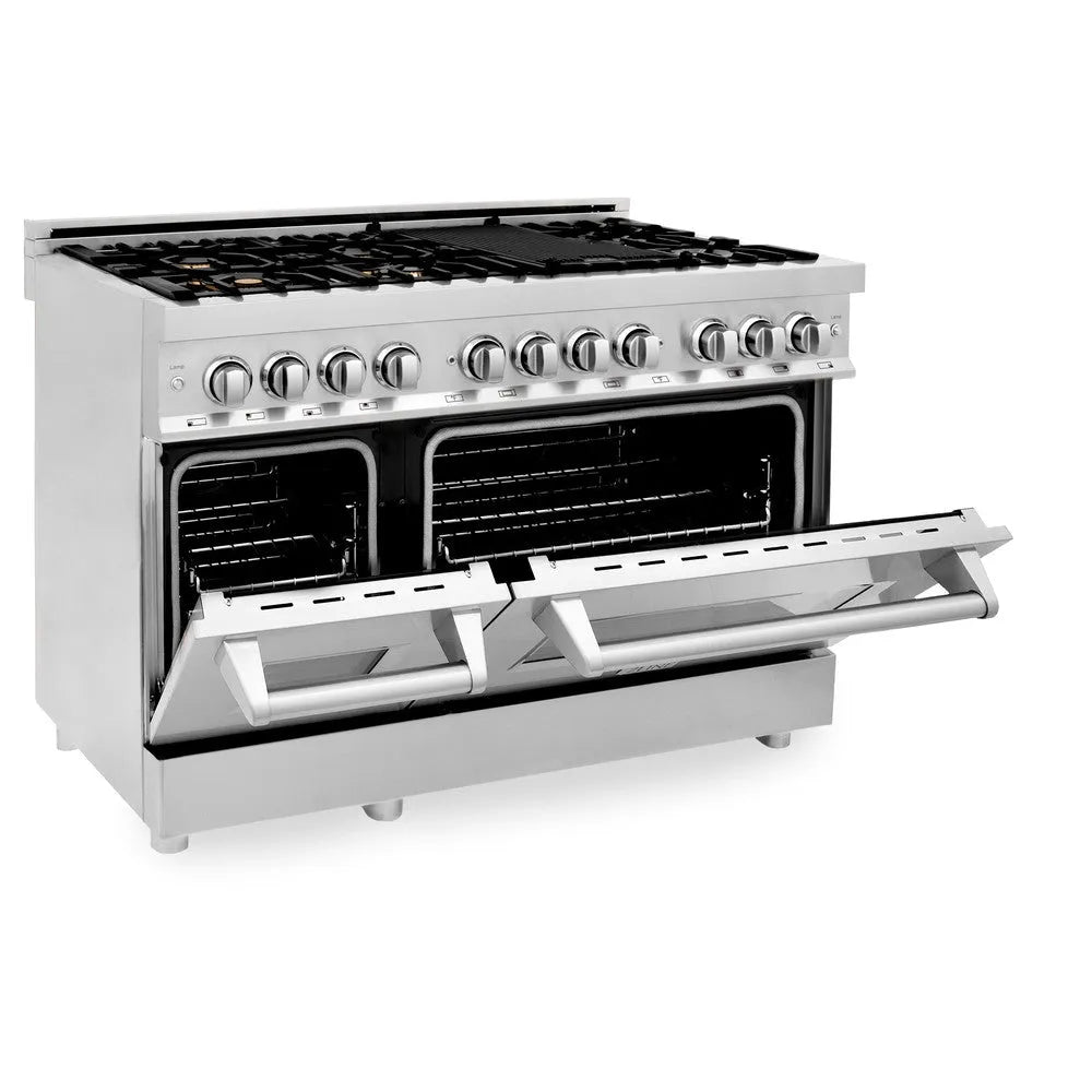 ZLINE 48 in. 6.0 cu. ft. Legacy Dual Fuel Range with Gas Cooktop and 2 Electric Ovens in Stainless Steel with Brass Burners (RA-BR-48) side, oven half open.