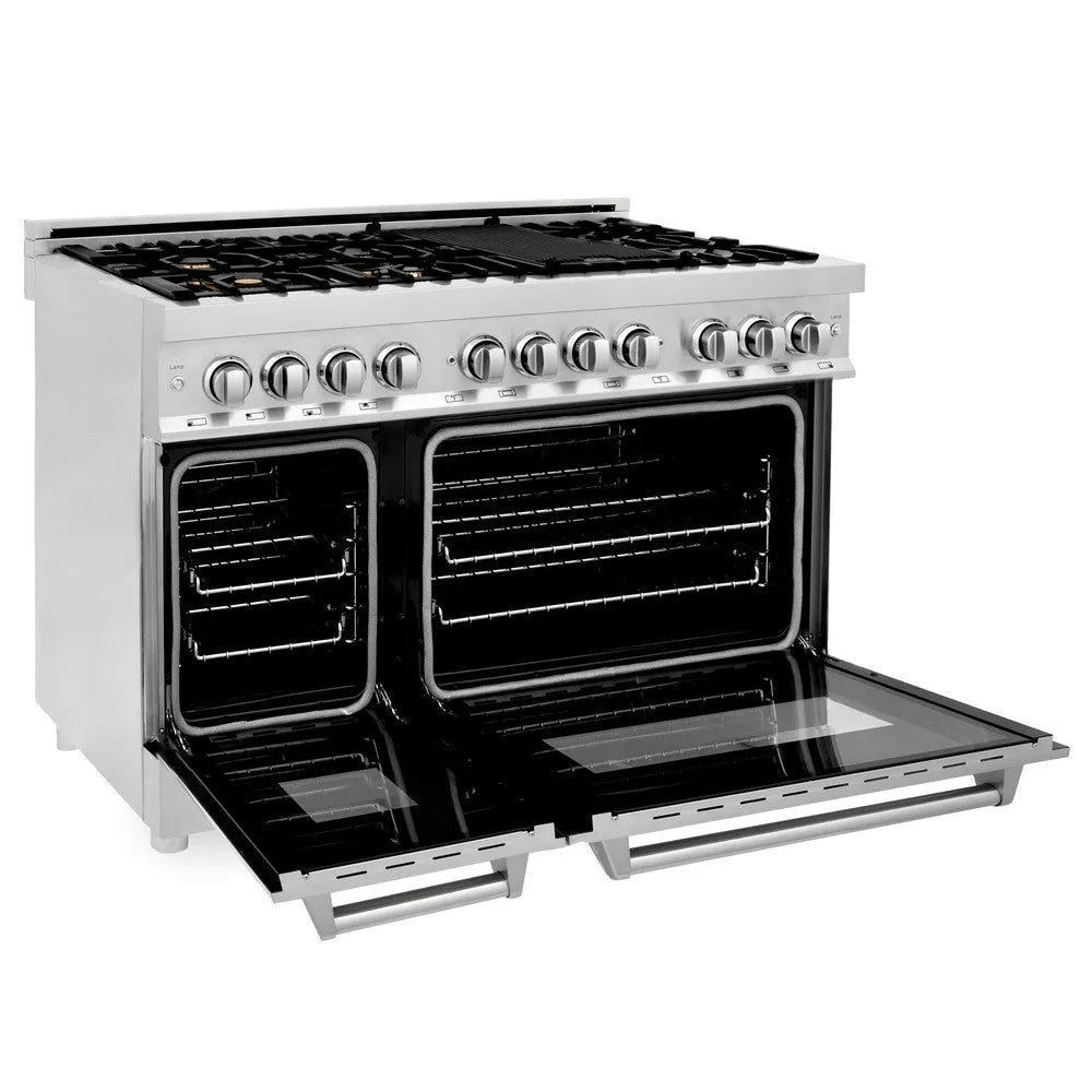 ZLINE 48 in. 6.0 cu. ft. Legacy Dual Fuel Range with Gas Cooktop and 2 Electric Ovens in Stainless Steel with Brass Burners (RA-BR-48) side, oven open.