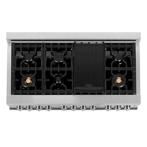 ZLINE 48 in. 6.0 cu. ft. Legacy Dual Fuel Range with Gas Cooktop and 2 Electric Ovens in Stainless Steel with Brass Burners (RA-BR-48) top-down, above cooktop.