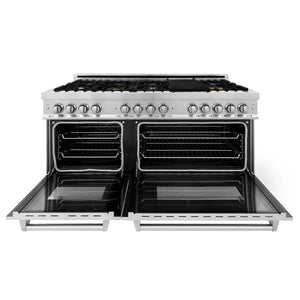 ZLINE 60 in. 7.4 cu. ft. Legacy Dual Fuel Range with Gas Cooktop and 2 Electric Convection Ovens in Stainless Steel with 8 Brass Burners (RA-BR-60) front, open.