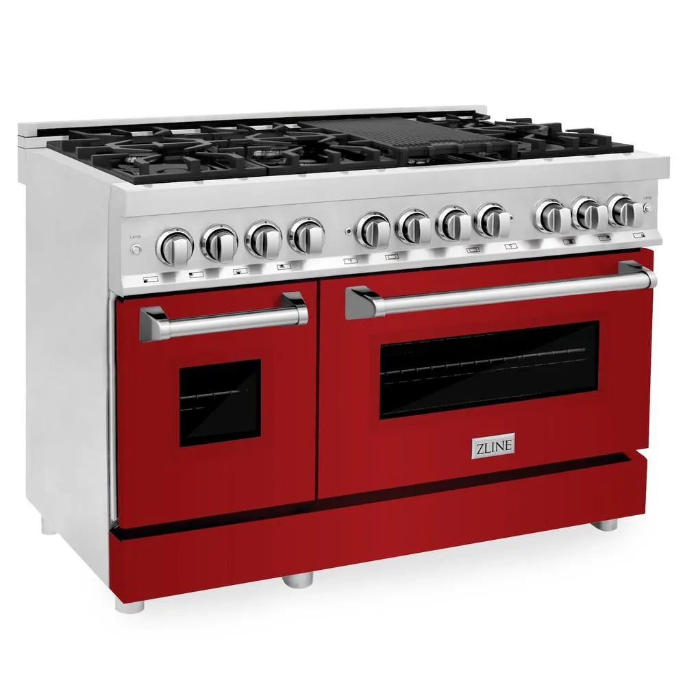 ZLINE 48 in. 6.0 cu. ft. Legacy Dual Fuel Range with 7 Burner Gas Cooktop and 2 Electric Ovens in Stainless Steel and Red Gloss Doors (RA-RG-48) main image.