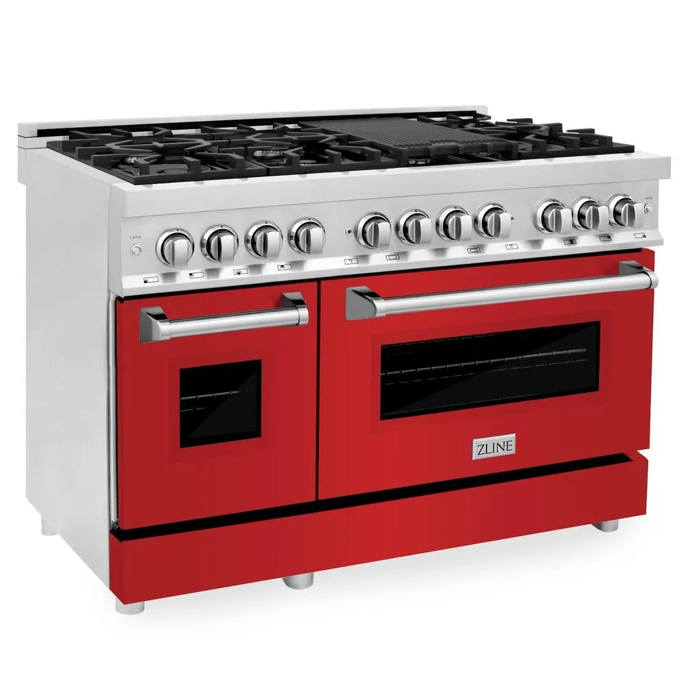 ZLINE 48 in. 6.0 cu. ft. Legacy Dual Fuel Range with 7 Burner Gas Cooktop and 2 Electric Ovens in Stainless Steel and Red Matte Doors (RA-RM-48) main image.