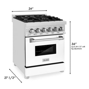 ZLINE 24 in. 2.8 cu. ft. Legacy Dual Fuel Range with 4 Burner Gas Cooktop and Electric Convection Oven in Stainless Steel and White Matte Door (RA-WM-24) dimensional diagram.