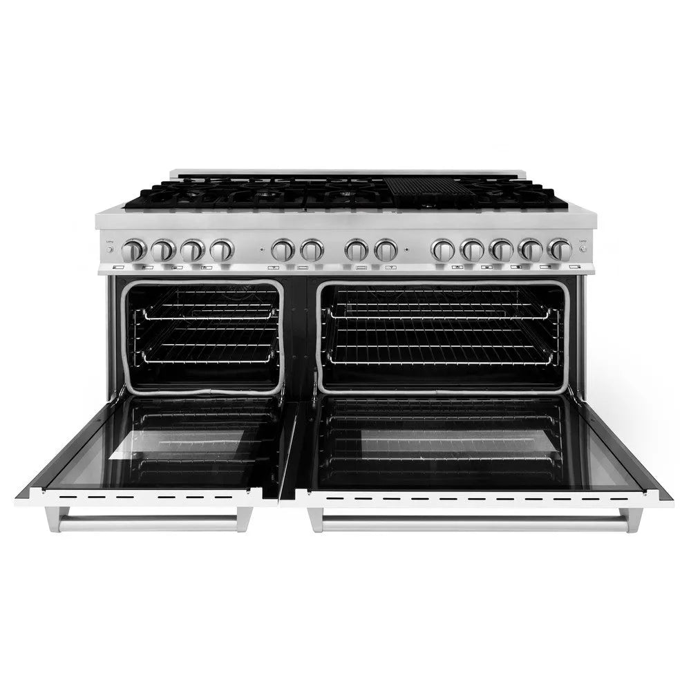 ZLINE 60 in. 7.4 cu. ft. Legacy Dual Fuel Range with 9 Burner Gas Cooktop and 2 Electric Convection Ovens in Stainless Steel and White Matte Doors (RA-WM-60) front, open.