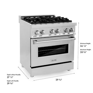 ZLINE 30 in. 4.0 cu. ft. Legacy Dual Fuel Range with 4 Burner Gas Cooktop and Electric Convection Oven in Stainless Steel (RA30) dimensional diagram with measurements.