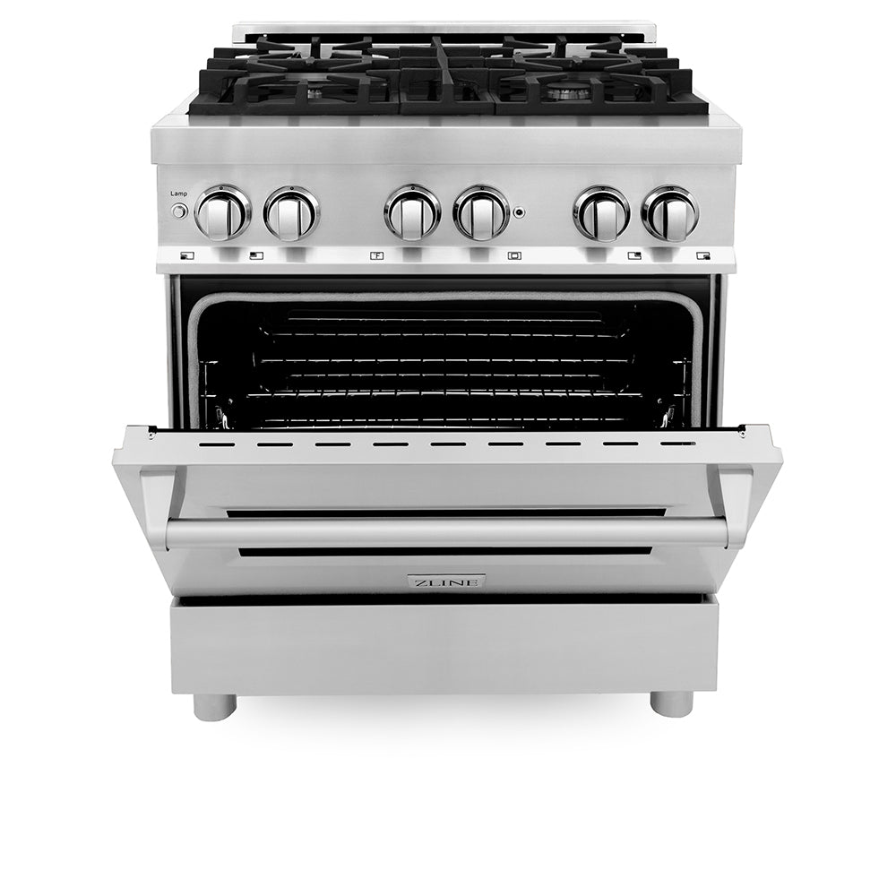 ZLINE 30 in. 4.0 cu. ft. Legacy Dual Fuel Range with 4 Burner Gas Cooktop and Electric Convection Oven in Stainless Steel (RA30) front, oven half open.