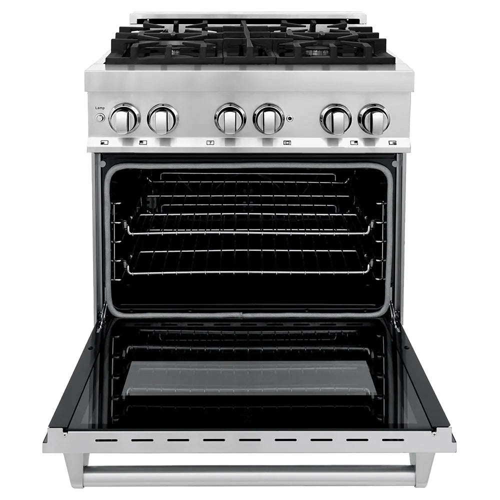 ZLINE 30 in. 4.0 cu. ft. Legacy Dual Fuel Range with 4 Burner Gas Cooktop and Electric Convection Oven in Stainless Steel (RA30) front, oven open.