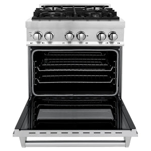 ZLINE 30 in. 4.0 cu. ft. Legacy Dual Fuel Range with 4 Burner Gas Cooktop and Electric Convection Oven in Stainless Steel (RA30) front, oven open.