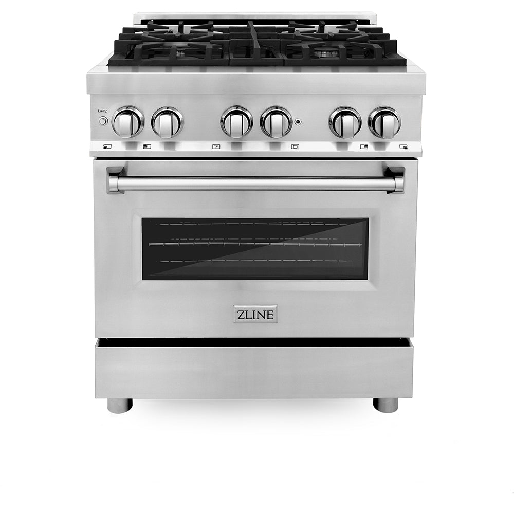 ZLINE 30 in. 4.0 cu. ft. Legacy Dual Fuel Range with 4 Burner Gas Cooktop and Electric Convection Oven in Stainless Steel (RA30) front.