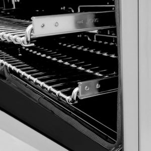 Close-up of a ZLINE 30 in. 4.0 cu. ft. Legacy Dual Fuel Range with 4 Burner Gas Cooktop and Electric Convection Oven in Stainless Steel (RA30) with open door showing interior racks.