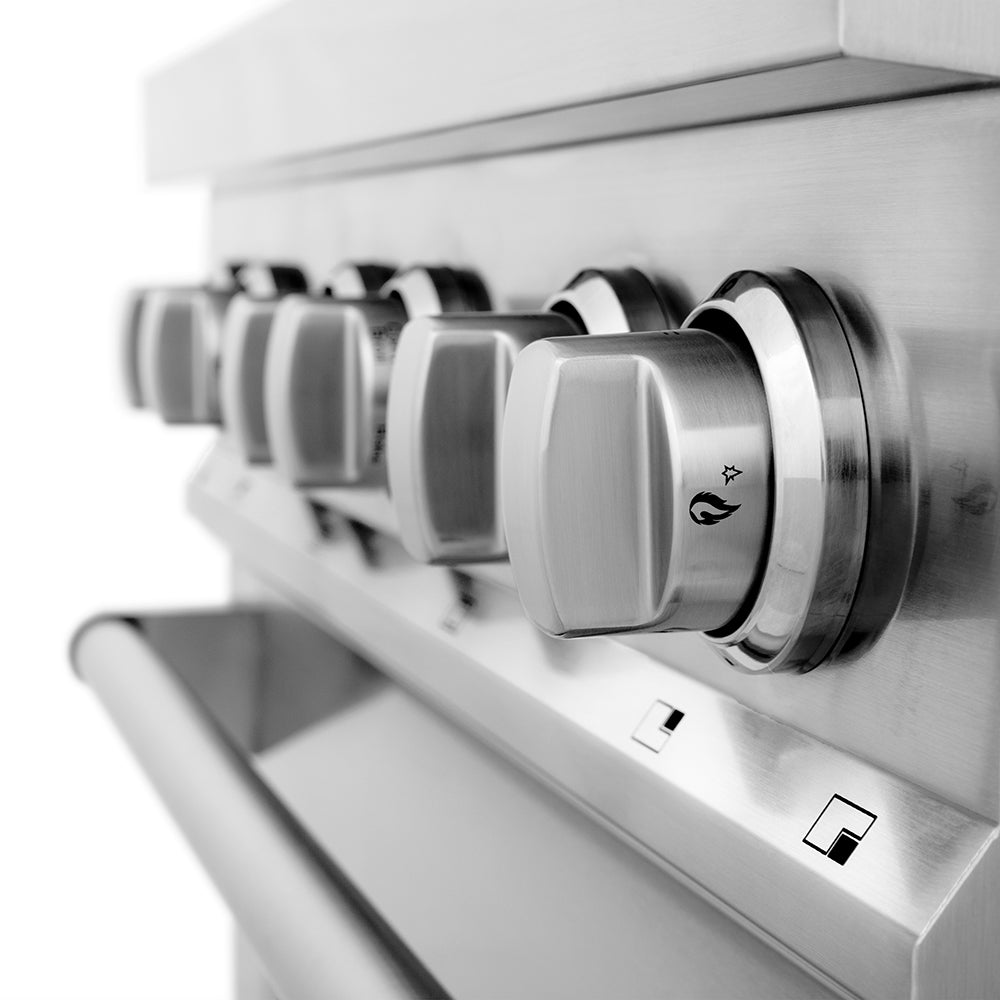 Close-up of a ZLINE 30 in. 4.0 cu. ft. Legacy Dual Fuel Range with 4 Burner Gas Cooktop and Electric Convection Oven in Stainless Steel (RA30) knobs.