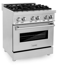 ZLINE 30 in. 4.0 cu. ft. Legacy Dual Fuel Range with 4 Burner Gas Cooktop and Electric Convection Oven in Stainless Steel (RA30) side.