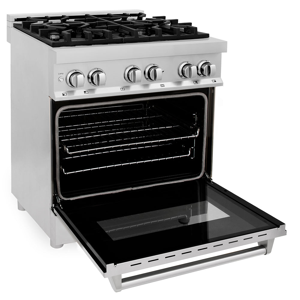 ZLINE 30 in. 4.0 cu. ft. Legacy Dual Fuel Range with 4 Burner Gas Cooktop and Electric Convection Oven in Stainless Steel (RA30) side, oven open.