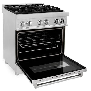 ZLINE 30 in. 4.0 cu. ft. Legacy Dual Fuel Range with 4 Burner Gas Cooktop and Electric Convection Oven in Stainless Steel (RA30) side, oven open.