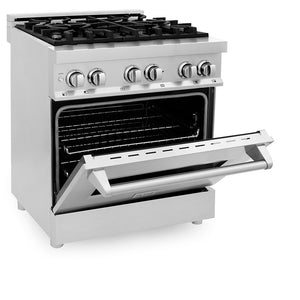 ZLINE 30 in. 4.0 cu. ft. Legacy Dual Fuel Range with 4 Burner Gas Cooktop and Electric Convection Oven in Stainless Steel (RA30) side, oven half open.