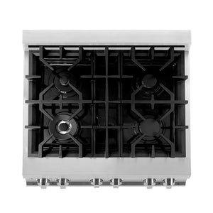 ZLINE 30 in. 4.0 cu. ft. Legacy Dual Fuel Range with 4 Burner Gas Cooktop and Electric Convection Oven in Stainless Steel (RA30) top-down, above cooktop.