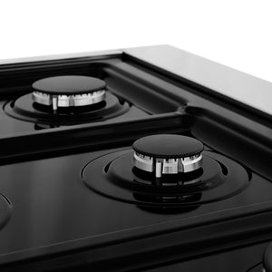 ZLINE 36 in. 4.6 cu. ft. Legacy Dual Fuel Range with 6 Burner Gas Cooktop and Electric Convection Oven in Stainless Steel (RA36) black porcelain cooktop without grates and with two burners on a white background