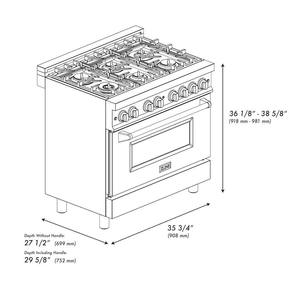 ZLINE Autograph Edition 36 in. 4.6 cu. ft. Legacy Dual Fuel Range with 6 Burner Gas Cooktop and Electric Convection Oven in Stainless Steel with Black Matte Door and Polished Gold Accents (RAZ-BLM-36-G) dimensional diagram.