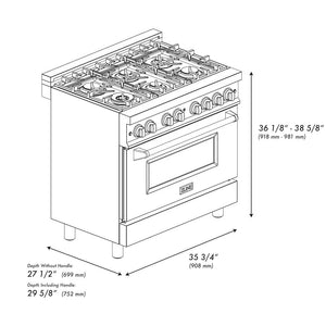 ZLINE Autograph Edition 36 in. 4.6 cu. ft. Legacy Dual Fuel Range with 6 Burner Gas Cooktop and Electric Convection Oven in Stainless Steel with Black Matte Door and Polished Gold Accents (RAZ-BLM-36-G) dimensional diagram.
