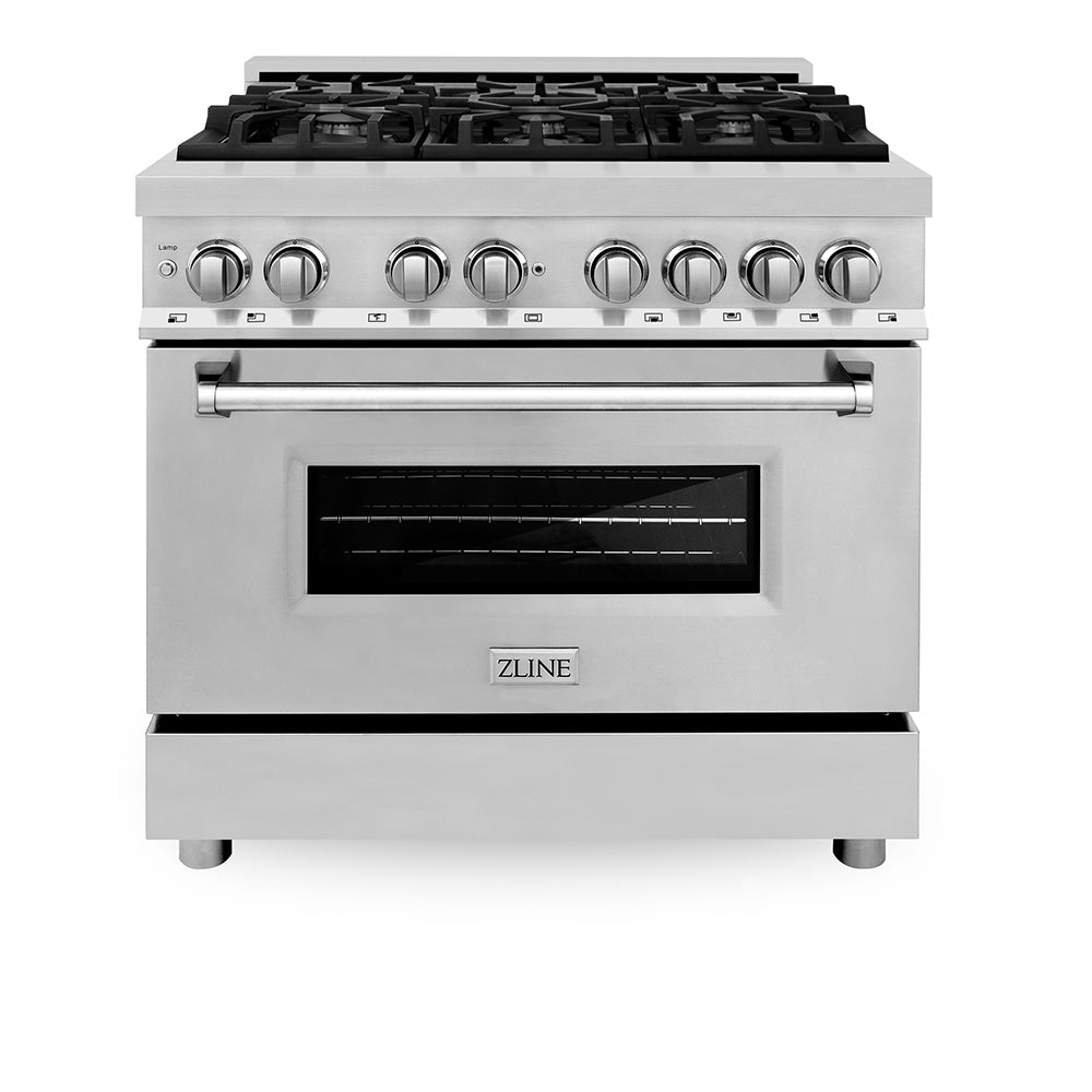 ZLINE 36 in. 4.6 cu. ft. Legacy Dual Fuel Range with 6 Burner Gas Cooktop and Electric Convection Oven in Stainless Steel (RA36) front, oven open.