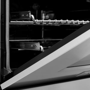 ZLINE Autograph Edition 48 in. 6.0 cu. ft. Legacy Dual Fuel Range with 7 Burner Gas Cooktop and 2 Electric Ovens in Stainless Steel and Champagne Bronze Accents (RAZ-48-CB) close-up, oven door and racks.