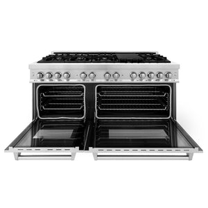 ZLINE 60 in. 7.4 cu. ft. Legacy Dual Fuel Range with 9 Burner Gas Cooktop and 2 Electric Convection Ovens in Stainless Steel (RA60) front, oven open.