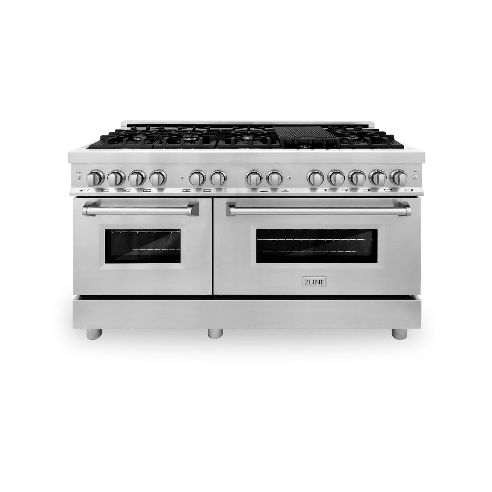 ZLINE 60 in. 7.4 cu. ft. Legacy Dual Fuel Range with 9 Burner Gas Cooktop and 2 Electric Convection Ovens in Stainless Steel (RA60) front, oven closed.