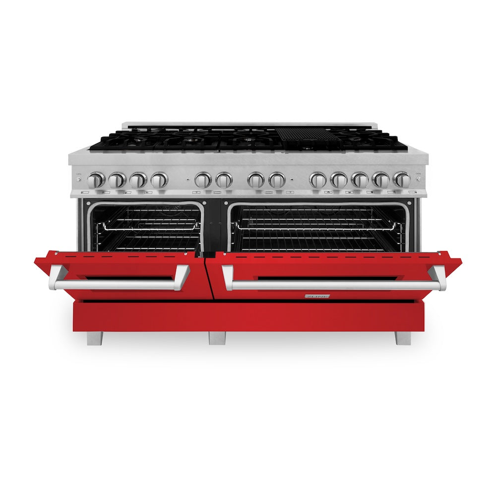 ZLINE 60 in. 7.4 cu. ft. Legacy Dual Fuel Range with 9 Burner Gas Cooktop and 2 Electric Convection Ovens in Satin Stainless Steel and Red Matte Doors (RAS-RM-60) front, oven half open.