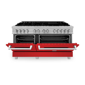 ZLINE 60 in. 7.4 cu. ft. Legacy Dual Fuel Range with 9 Burner Gas Cooktop and 2 Electric Convection Ovens in Satin Stainless Steel and Red Matte Doors (RAS-RM-60) front, oven half open.