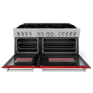 ZLINE 60 in. 7.4 cu. ft. Legacy Dual Fuel Range with 9 Burner Gas Cooktop and 2 Electric Convection Ovens in Satin Stainless Steel and Red Matte Doors (RAS-RM-60) front, open.