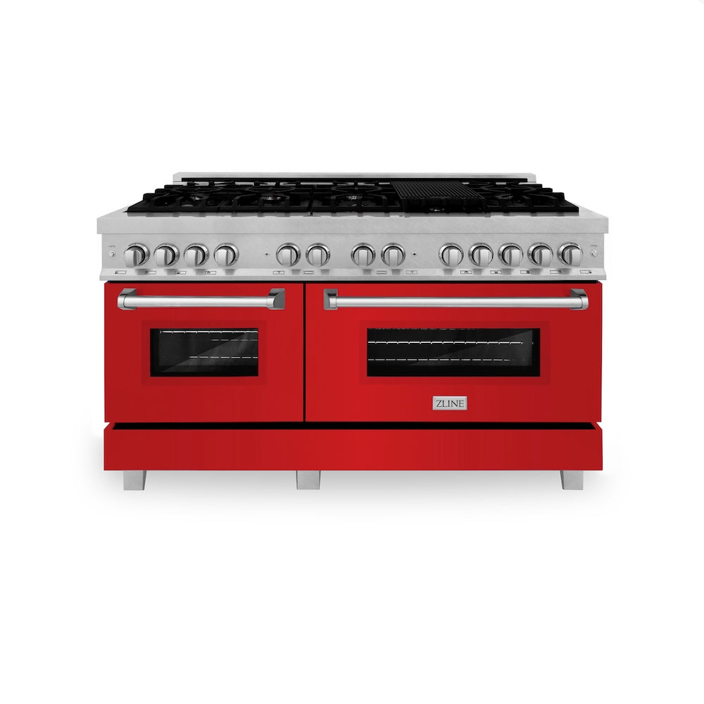 ZLINE 60 in. 7.4 cu. ft. Legacy Dual Fuel Range with 9 Burner Gas Cooktop and 2 Electric Convection Ovens in Satin Stainless Steel and Red Matte Doors (RAS-RM-60) front, oven closed.