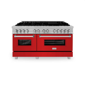 ZLINE 60 in. 7.4 cu. ft. Legacy Dual Fuel Range with 9 Burner Gas Cooktop and 2 Electric Convection Ovens in Satin Stainless Steel and Red Matte Doors (RAS-RM-60) front, oven closed.