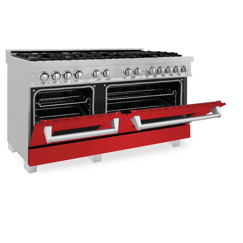ZLINE 60 in. 7.4 cu. ft. Legacy Dual Fuel Range with 9 Burner Gas Cooktop and 2 Electric Convection Ovens in Satin Stainless Steel and Red Matte Doors (RAS-RM-60)